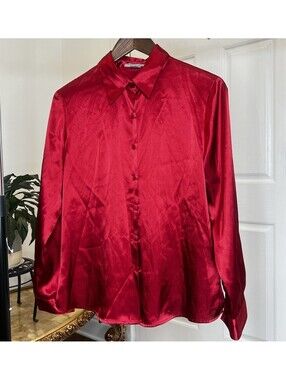 Notations Y2K Red Polyester Button Up Blouse Medium M Long Sleeve Shiny